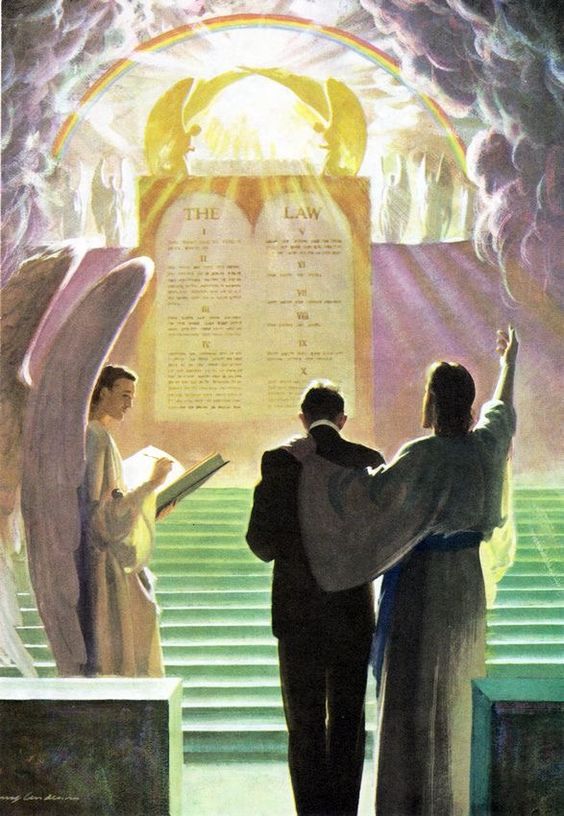 A painting by Harry Anderson depicting Jesus interceding for a believer in the heavenly courts. Jesus stands beside the man with His hand on his shoulder, while an angel reading from the Book of Life stands to their left. Before them are crystal blue steps leading to a massive etching of the Ten Commandments with golden cherubim bowing over the top, reminiscent of the Ark of the Covenant. A powerful glow eminates from above, and the heavenly judges mill about underneath a rainbow.